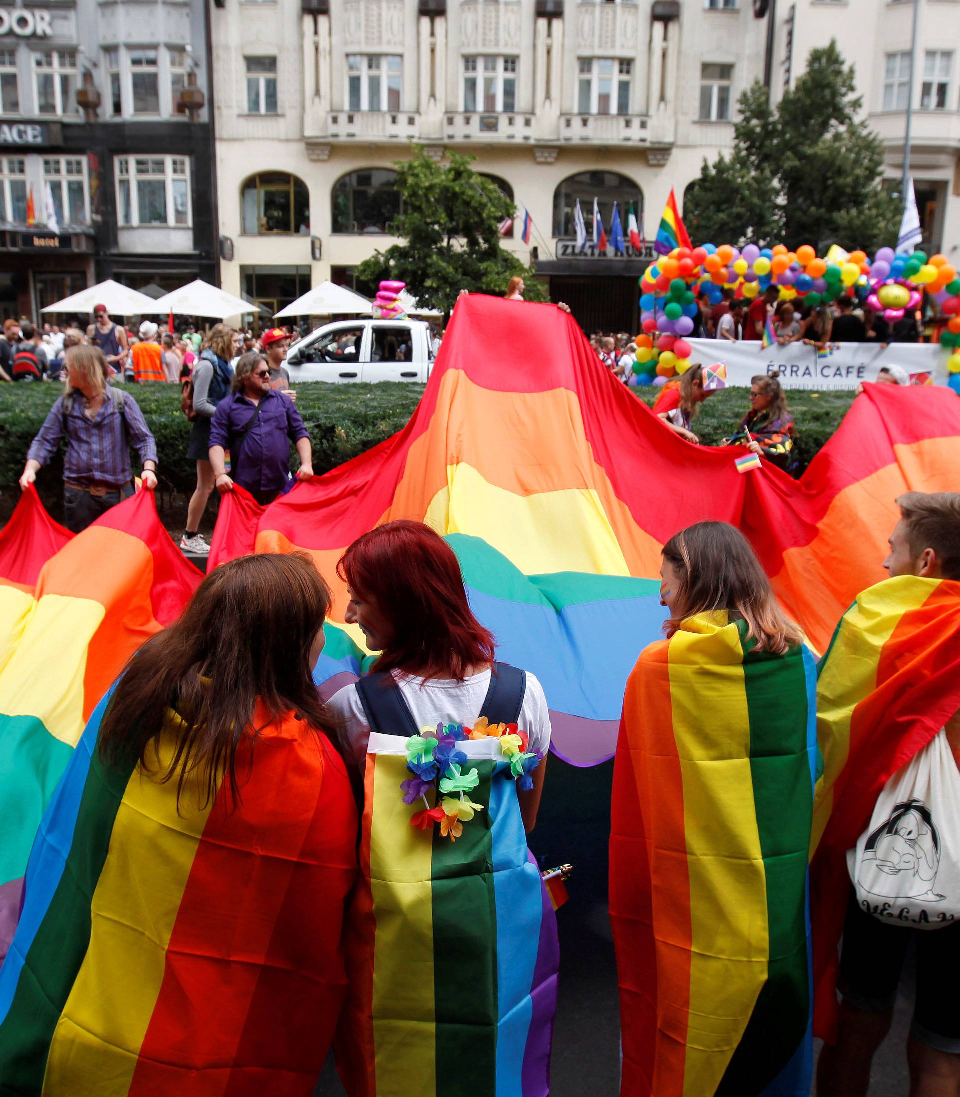 Participants hold a giant rainbow flag during the Prague Pride Parade where thousands marched through the city centre in support of gay rights, in Czech Republic