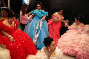 Participants prepare backstage before the final show of the Miss Jumbo 2018 at a department store in Nakhon Ratchasima