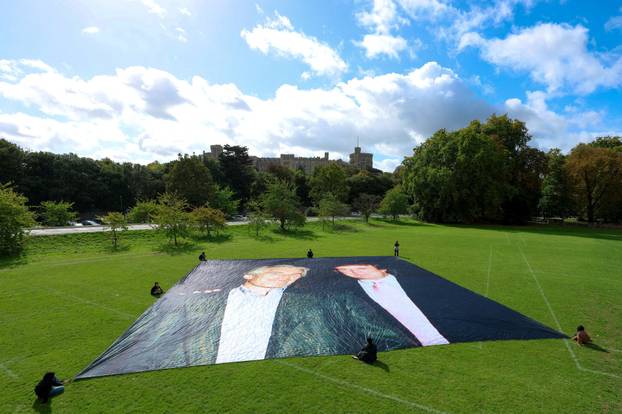 Campaign group 'Everyone Hates Elon', protests Trump's state visit to the country, in Windsor