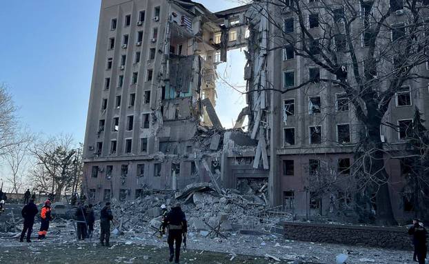 View of damaged Regional State Administration building in Mykolaiv