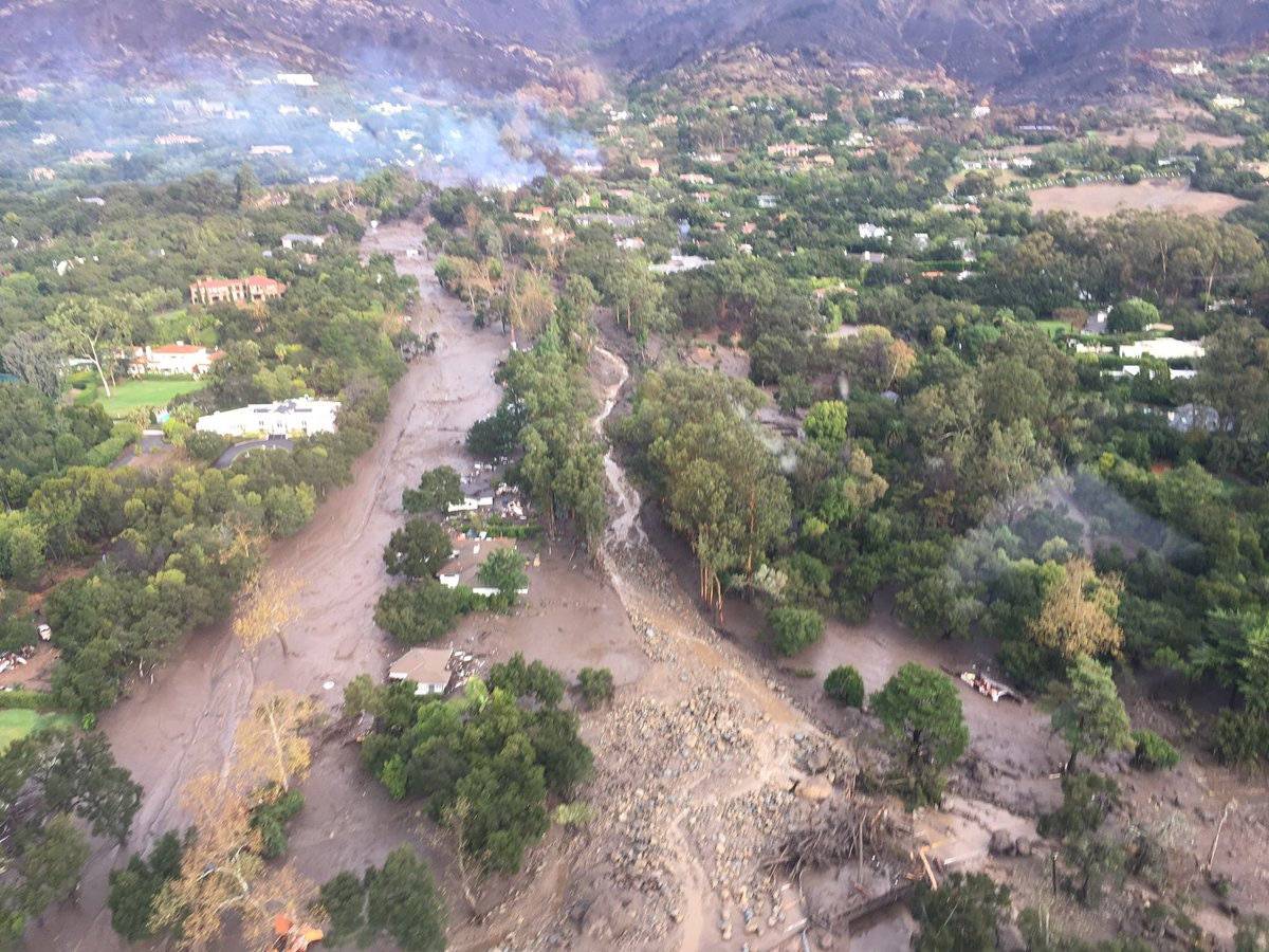 An aerial view from a Ventura County Sheriff helicopter shows a site damaged by mudslide in Montecito, California