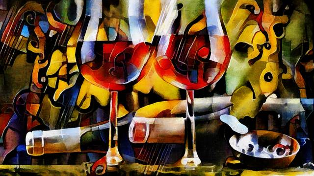 Wine,Themes,In,The,Style,Of,Cubism.,Bottles,,Glasses,And