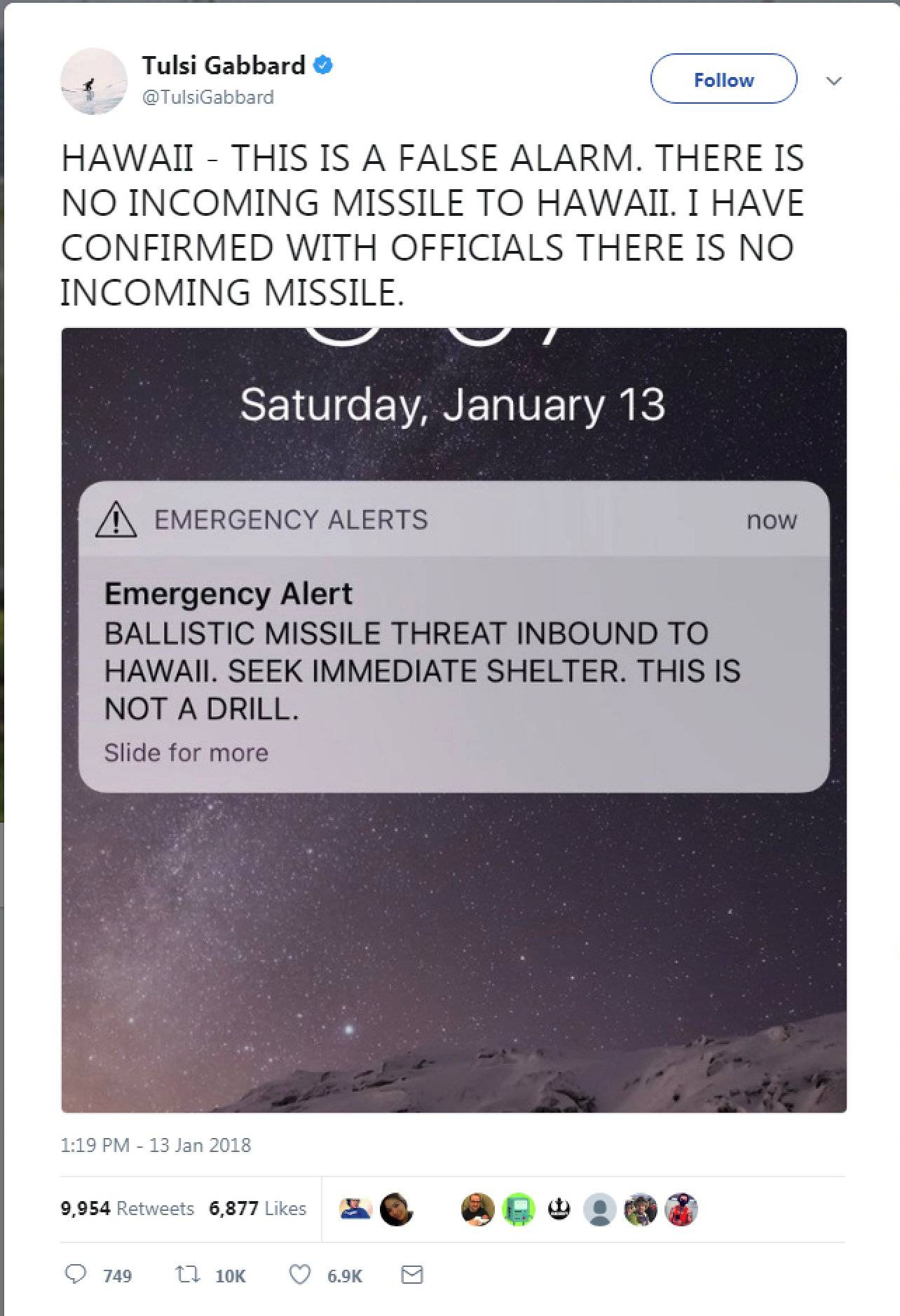 A screen capture from the Twitter account of Congresswoman Tulsi Gabbard (D-HI) shows a missile warning for Hawaii