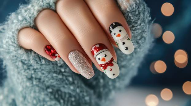 Festive Winter Nail Art Featuring Glittery Snowman Design, Red and Black Accents, and Cozy Hand in Soft Knit Sweater Against a Blurred Holiday Background