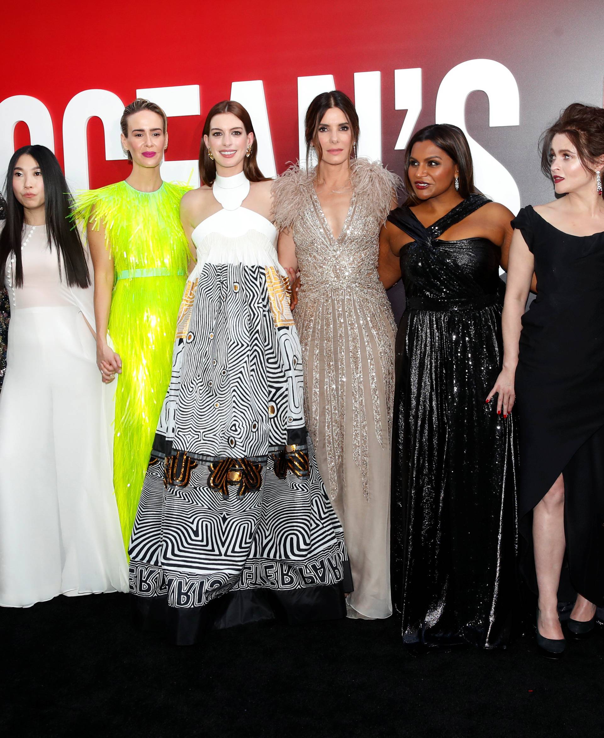 Cast members Blanchett, Awkwafina, Paulson, Hathaway, Bullock, Kaling, Bonham Carter and Rihanna pose at the world premiere of the film "Ocean's 8" at Alice Tully Hall in New York City