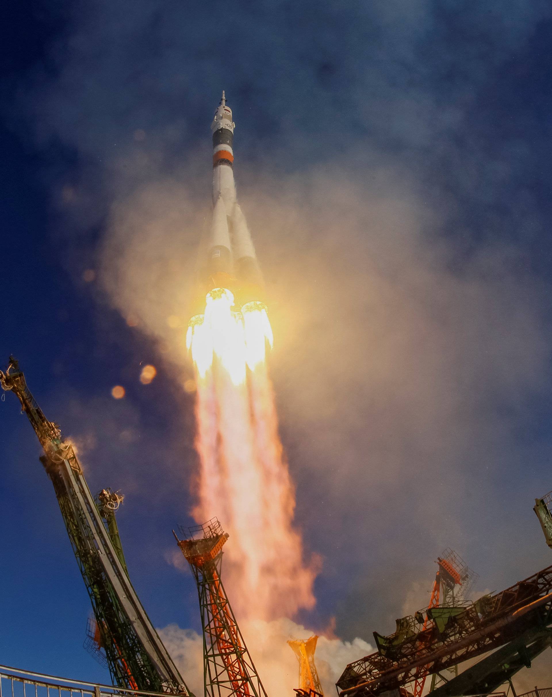 The Soyuz MS-07 spacecraft carrying the next International Space Station (ISS) crew blasts off from the launchpad at the Baikonur Cosmodrome
