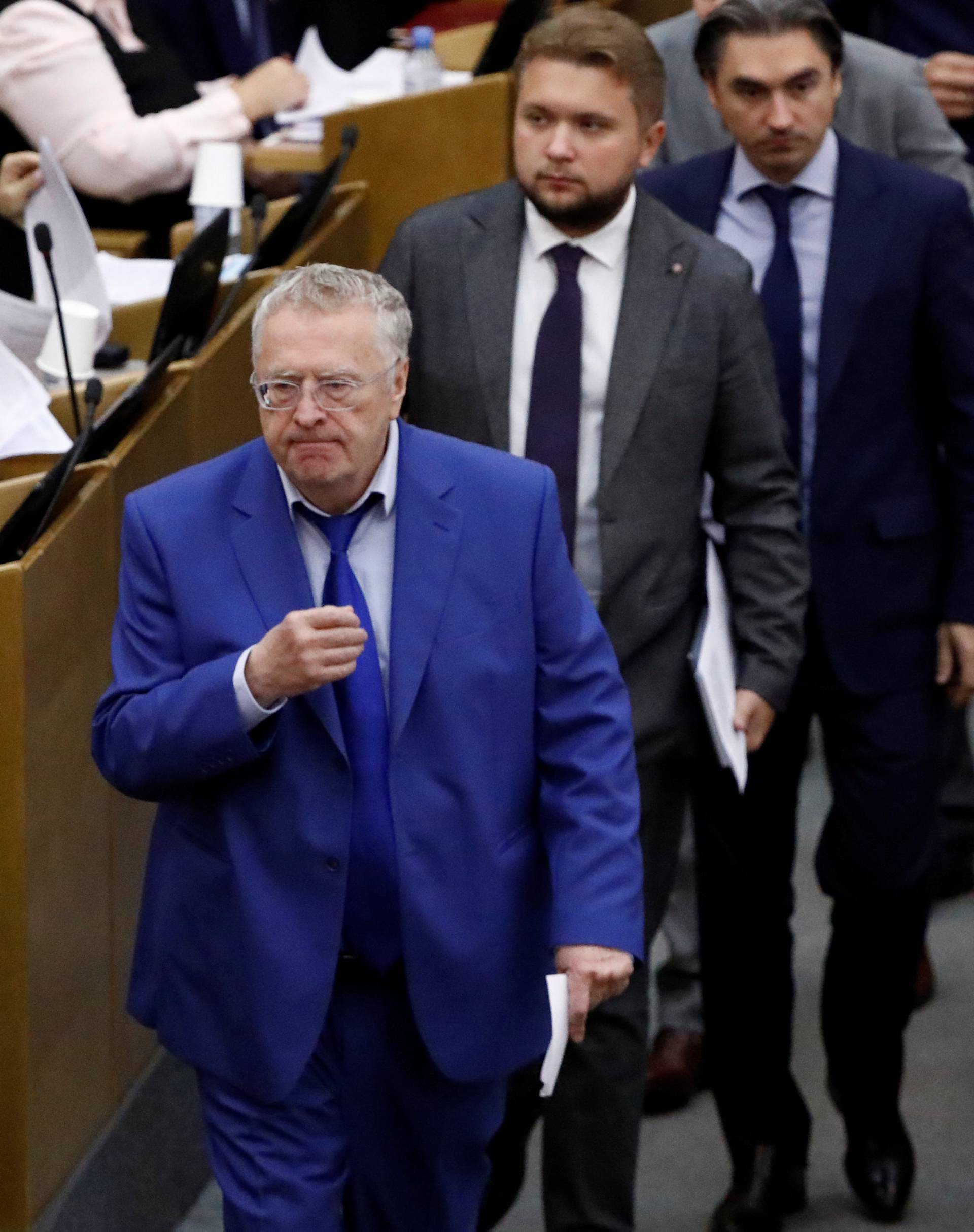 Russian Liberal Democratic Party leader Zhirinovsky attends a session during a vote on the pension reform bill at the State Duma in Moscow