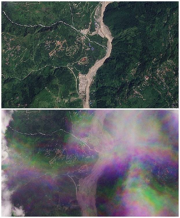 A combination of satellite images show Manakamana before and after a flash flood