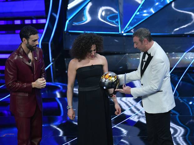 Sanremo, 74th Italian Song Festival, First Evening. Marco Mengoni and the guests on stage