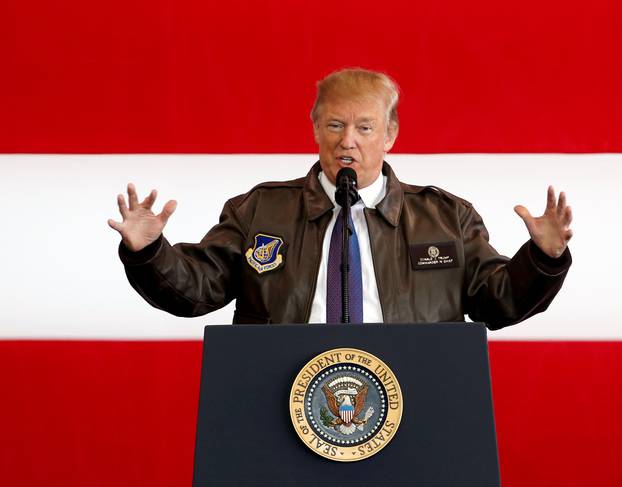 U.S. President Donald Trump addresses members of U.S. military services and Japan Self-Defense Force (JSDF) at U.S. Air Force Yokota Air Base in Fussa