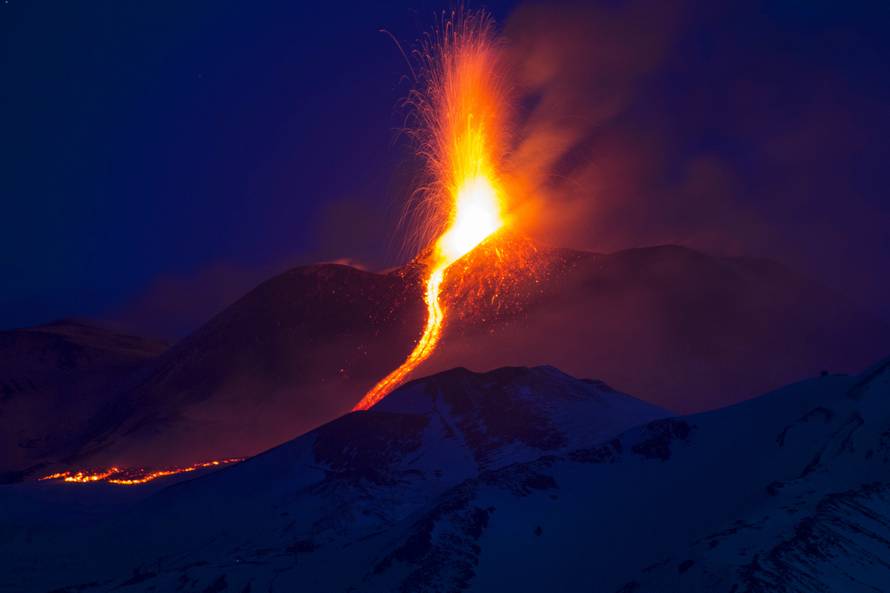 Nicolosi, Mount Etna erupting. The south east crater colors the nights of Catania