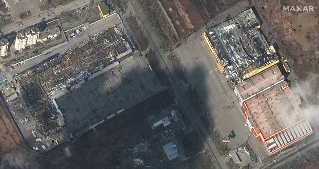 A satellite image shows destroyed grocery stores and shopping malls in Mariupol