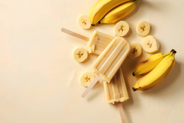 Banana popsicles on yellow background. Top view, flat lay