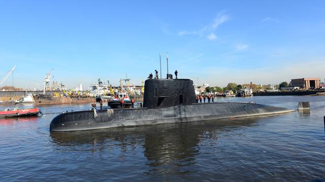 The Argentine military submarine ARA San Juan and crew are seen leaving the port of Buenos Aires