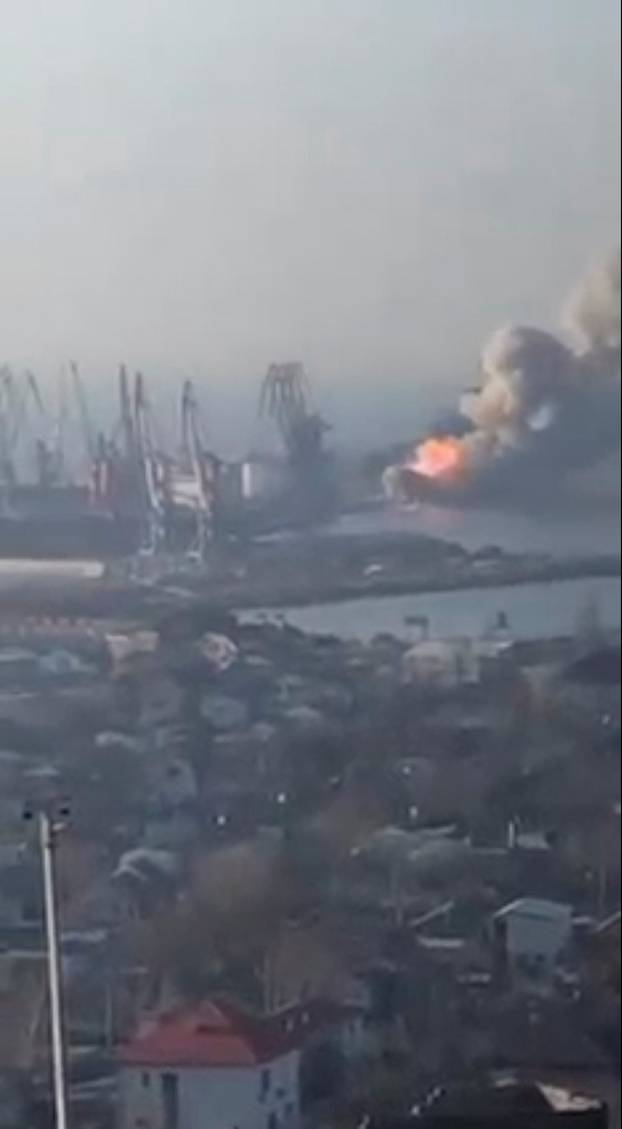 A general view shows the large landing ship "Orsk" of the Russian Navy's Black Sea Fleet as it is destroyed, according to the Ukrainian Navy, in the Russian-occupied port of Berdiansk