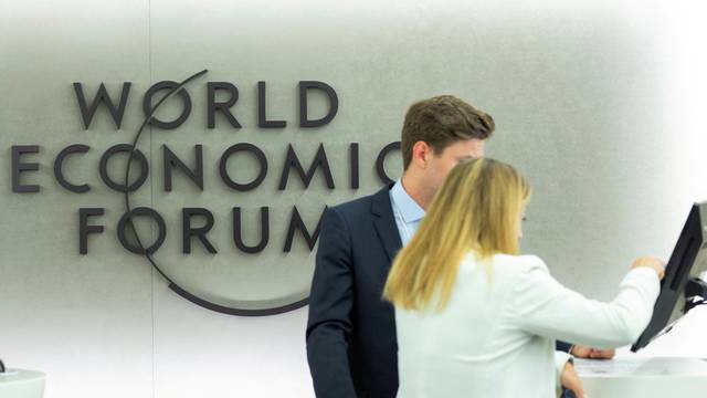 FILE PHOTO: Logo of the World Economic Forum 2022 (WEF) is seen in Davos
