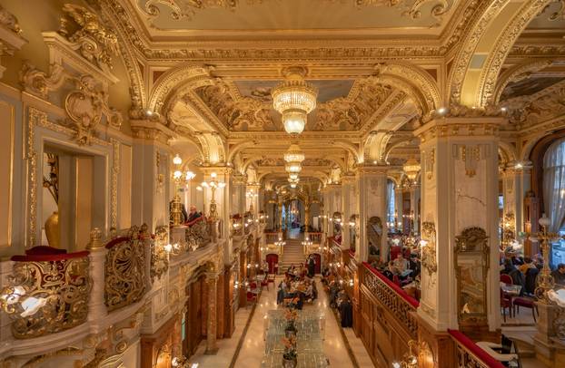 Budapest, Hungary - Feb 09, 2020: Luxury golden hall inside New