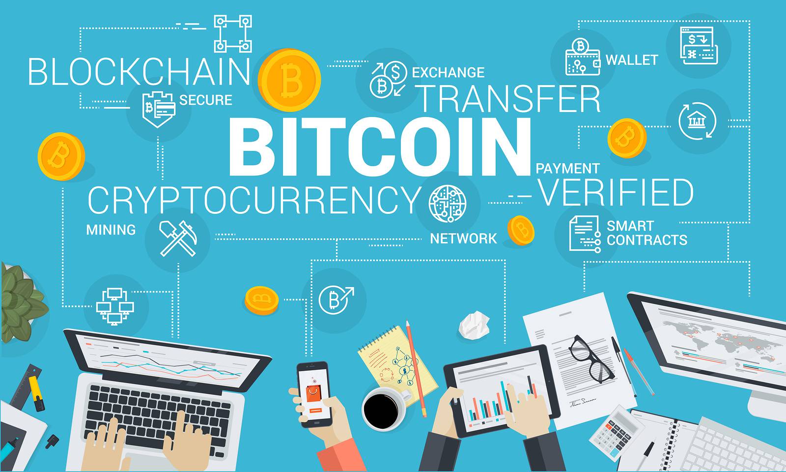 Bitcoin. Flat Design Style Web Banner Of Blockchain Technology, 