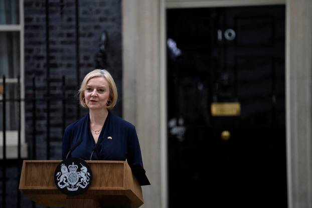 British Prime Minister Liz Truss announces her resignation, outside Number 10 Downing Street, London