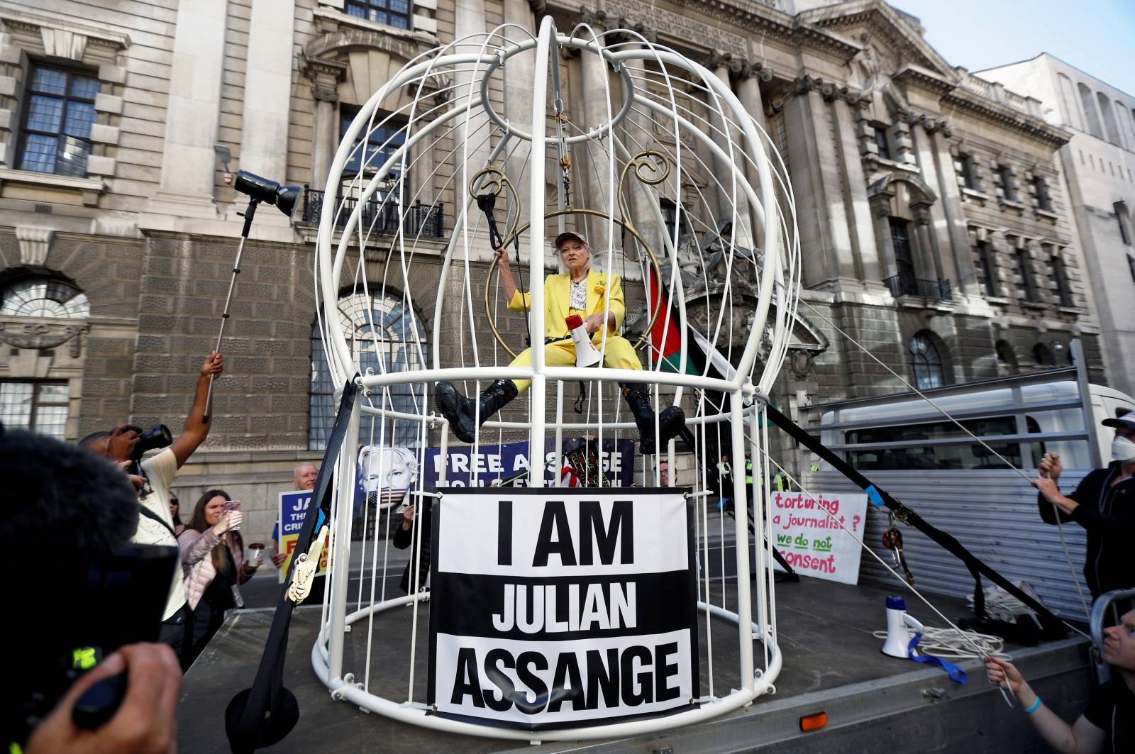 Vivienne Westwood demonstrates outside the Old Bailey in support of Julian Assange, in London