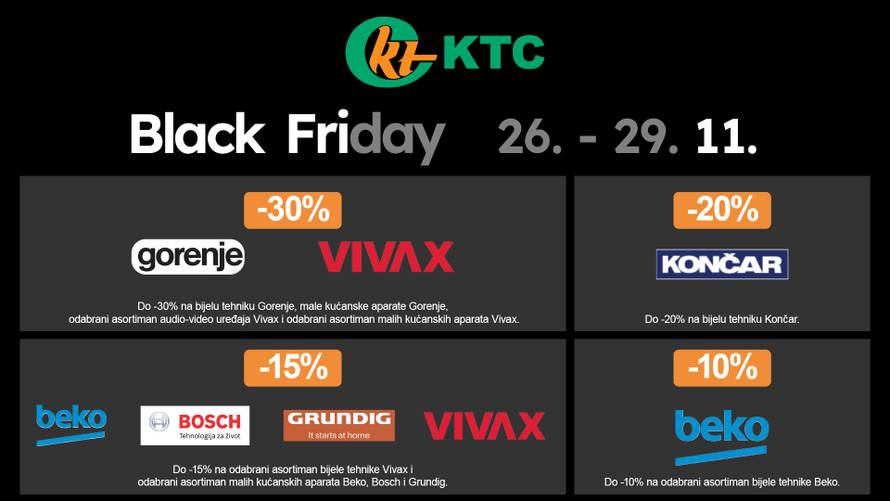 Black Friday u KTC supermarketima: Veliki popusti od 26-29.11. na tehničku robu