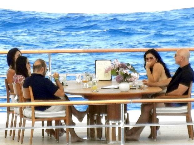PREMIUM EXCLUSIVE: *NO WEB UNTIL 630PM EDT 12TH AUG* Demi Moore visits Amazon founder Jeff Bezos and fiancee Lauren Sanchez for a leisurely lunch onboard his $500m superyacht in Greece