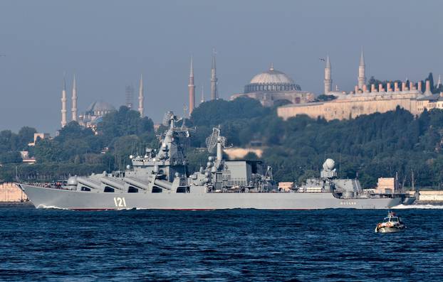 The Russian Navy's guided missile cruiser Moskva sails in Istanbul's Bosphorus