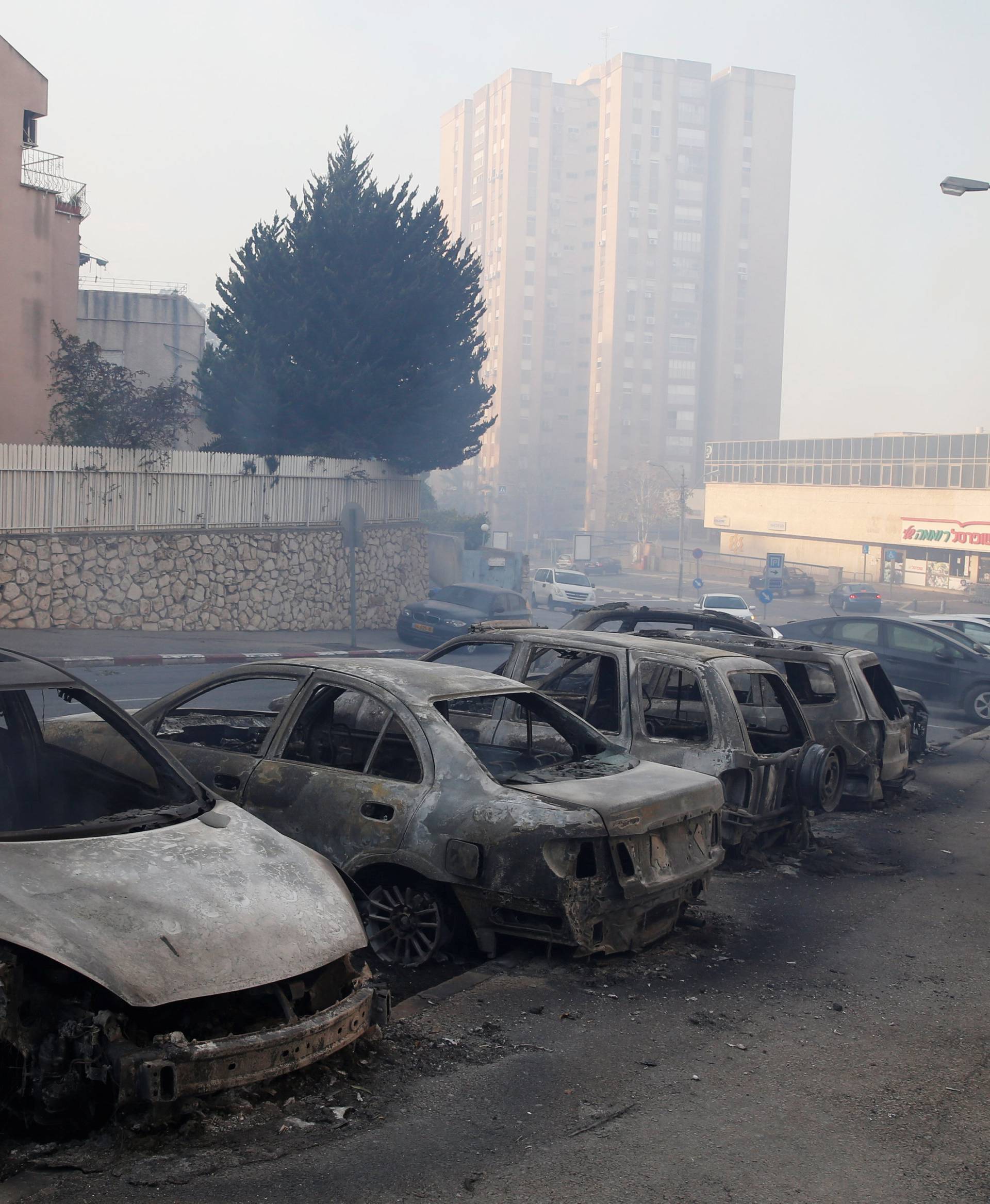 Cars burnt during a wildfire are seen in the northern city of Haifa, Israel 