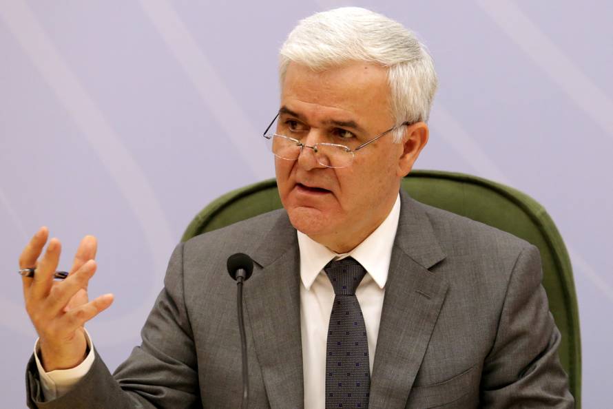FILE PHOTO: Albanian Interior Minister Fatmir Xhafaj speaks during a news conference in Tirana