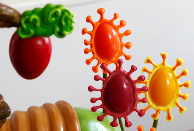 View of Easter eggs adorned with the spikes of the coronavirus disease in La Hulpe