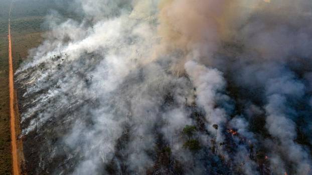 An aerial view of forest fire of the Amazon taken with a drone is seen from an Indigenous territory in the state of Mato Grosso