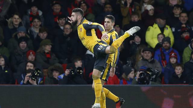 Arsenal's Olivier Giroud celebrates scoring their third goal