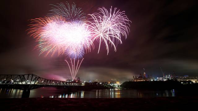 Fireworks explode over the Ottawa River near Parliament Hill as part of Canada Day celebrations in Gatineau