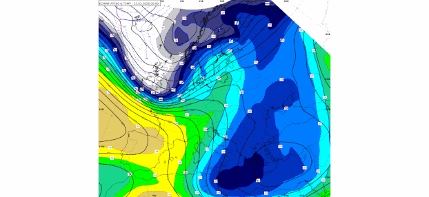 Animacija 1. Prognoza apsolutne topografije (AT) i temperature na 500 Pa (~ 5 km) od srijede 25. o&zcaron;ujka 2026. u 1 h po lokalnom vremenu do subote 28. o&zcaron;ujka 2026. u 1 h po lokalnom vremenu. Izvor: ECMWF