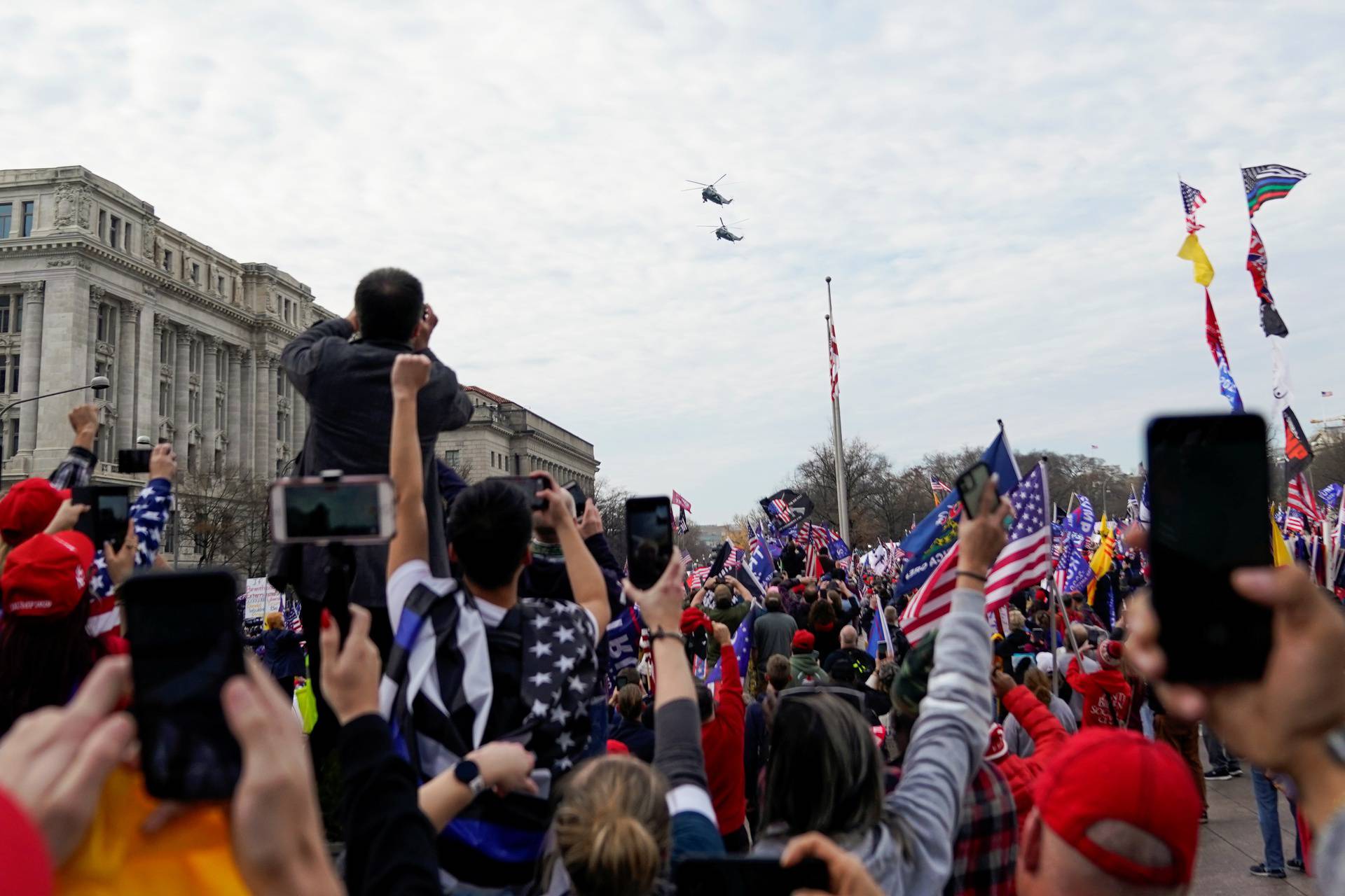 Marine One, carrying U.S. President Donald Trump, passes over the "Stop the Steal" rally, in Washington