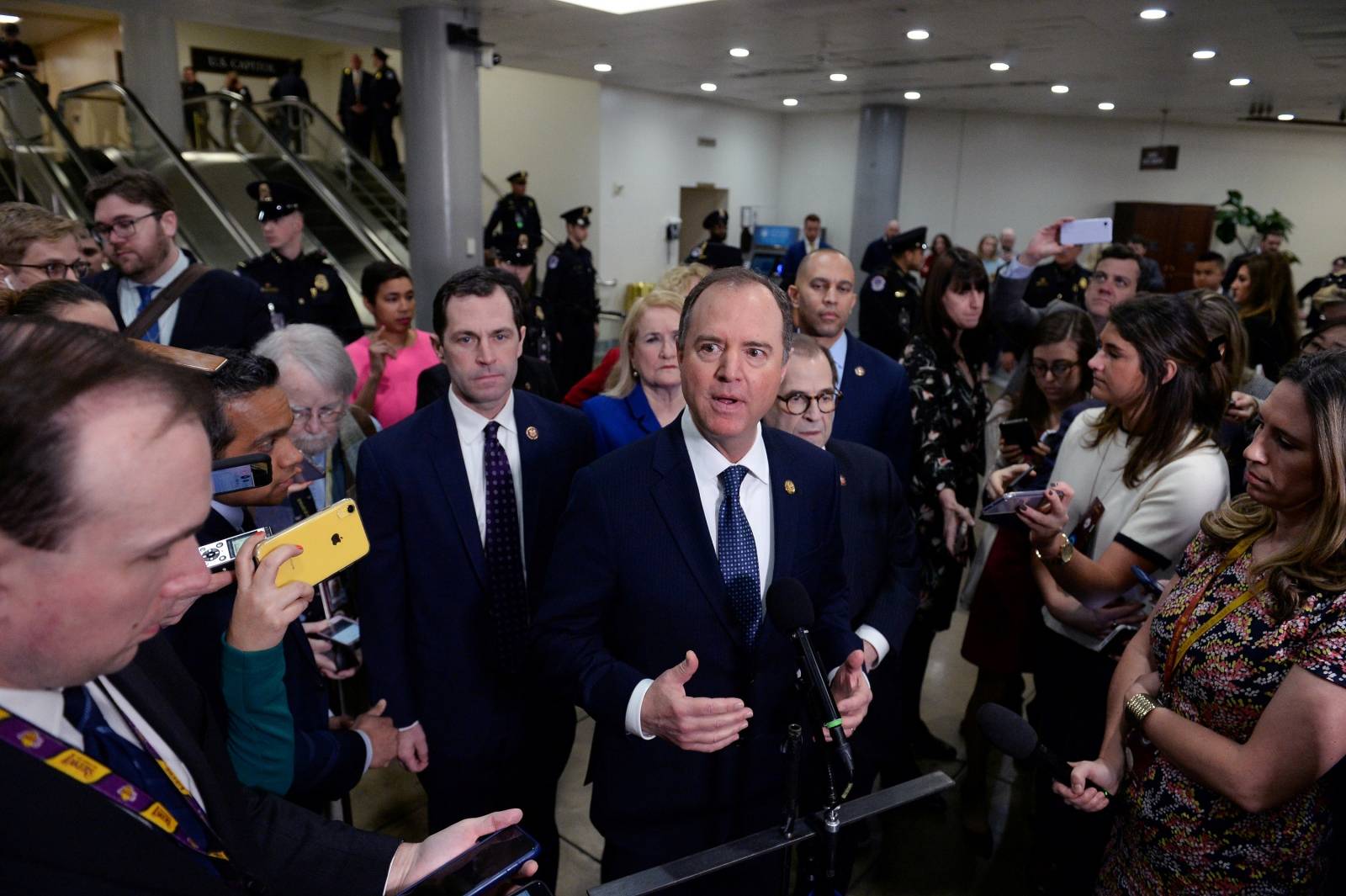 House Managers Rep. Adam Schiff (D-CA) speaks next to Rep. Jerry Nadler (D-NY) during a news conference near the Senate Subway to discuss the Senate impeachment trial of President Trump in Washington