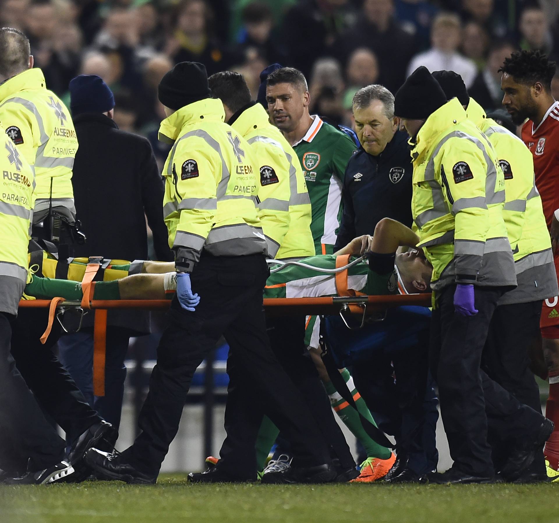 Republic of Ireland's Seamus Coleman is stretchered off injured