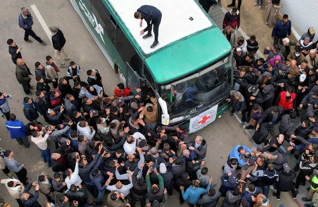Palestinian prisoner is greeted after being released from an Israeli jail, in Khan Younis