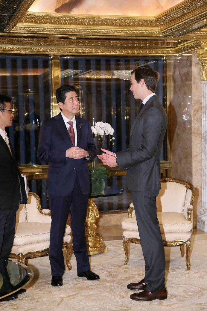 Japan's Prime Minister Shinzo Abe meets with U.S. President-elect Donald Trump's son-in-law Jared Kushner, at Trump Tower in Manhattan