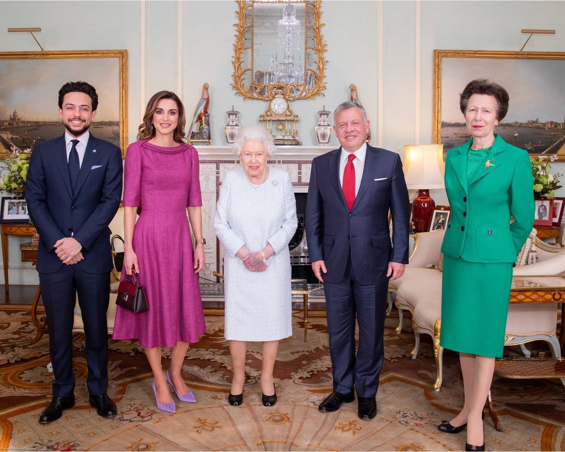 Their Majesties King Abdullah II and Queen Rania, Her Majesty Queen Elizabeth II, HRH Crown Prince Al Hussein and HRH Princess Anne at Buckingham Palace.