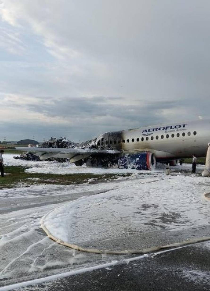 A view shows a damaged Aeroflot Sukhoi Superjet 100 passenger plane after an emergency landing at Moscow's Sheremetyevo airport