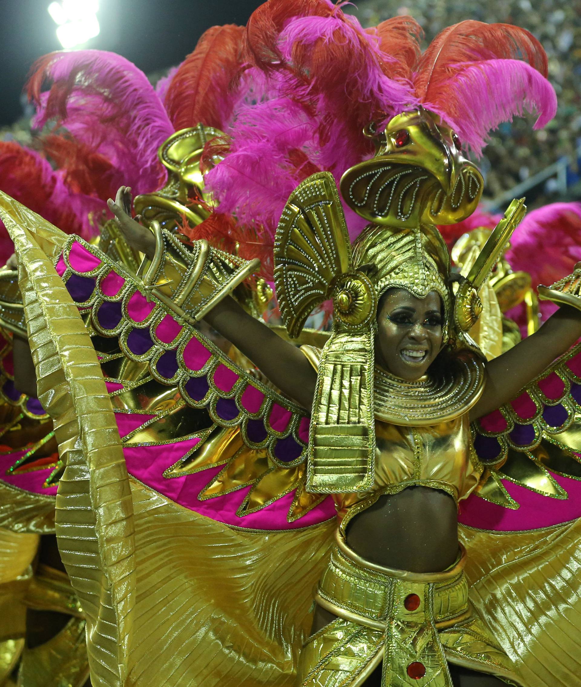 A reveller from Salgueiro performs during the second night of the Carnival parade at the Sambadrome in Rio de Janeiro