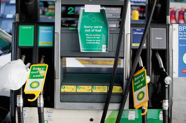 A BP petrol station that has ran out of fuel is seen in Hemel Hempstead