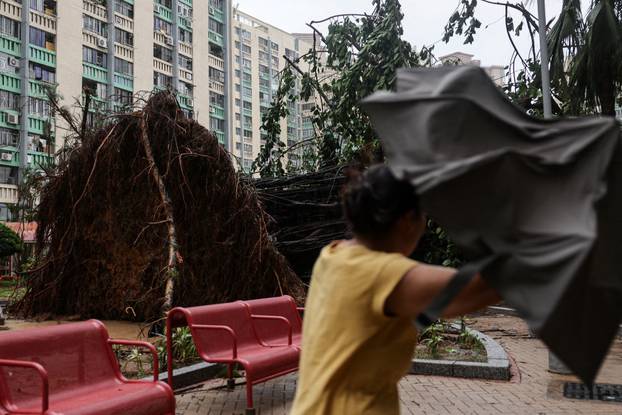 A woman walks past a tree toppled by Super Typhoon Ragasa in Hong Kong