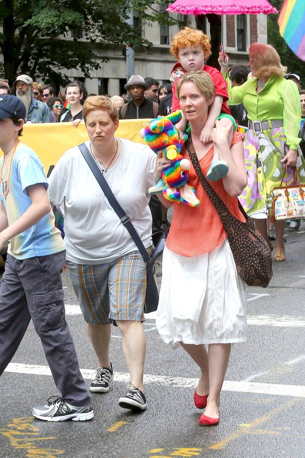 Cynthia Nixon and her partner Christina Marinoni take their kids to the Pride Parade
