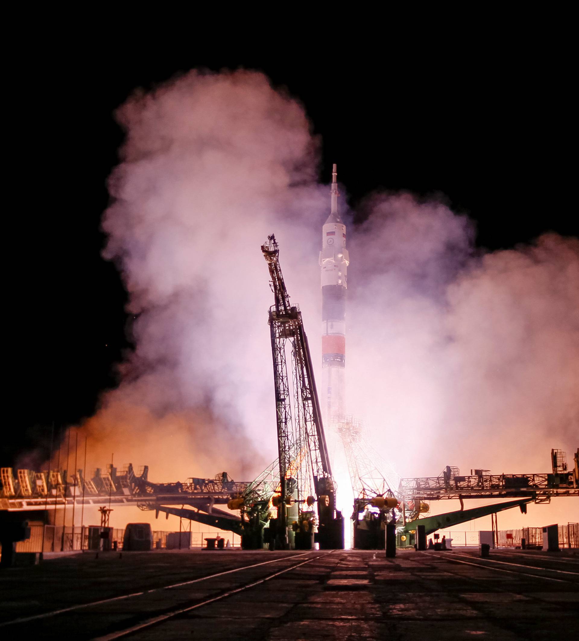 The Soyuz MS-03 spacecraft carrying the crew of Whitson of the U.S., Novitskiy of Russia and Pesquet of France blasts off to the International Space Station (ISS) from the launchpad at the Baikonur cosmodrome, Kazakhstan