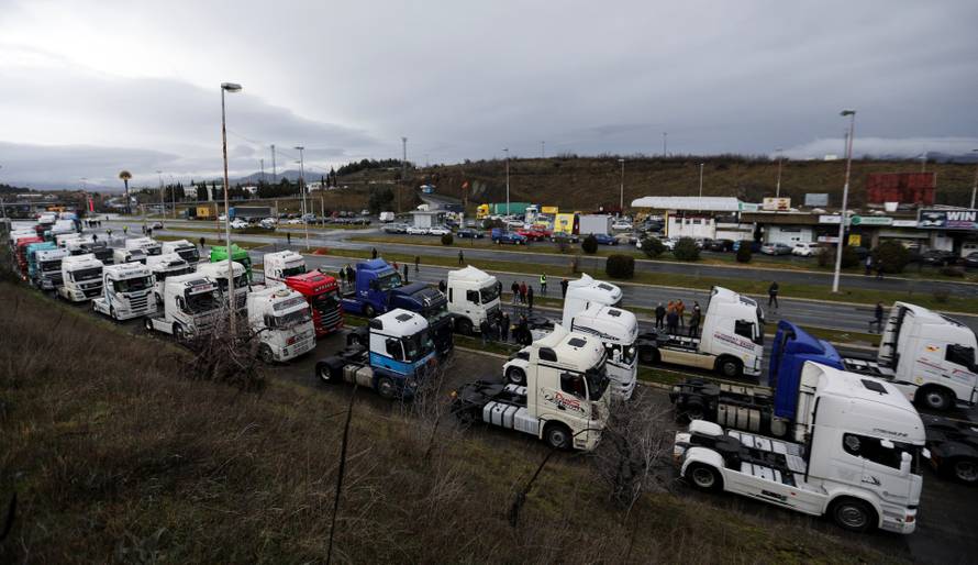 Protest by truck drivers and transport union representatives over disruptions linked to the European Union's new Entry-Exit System, in Gevgelija