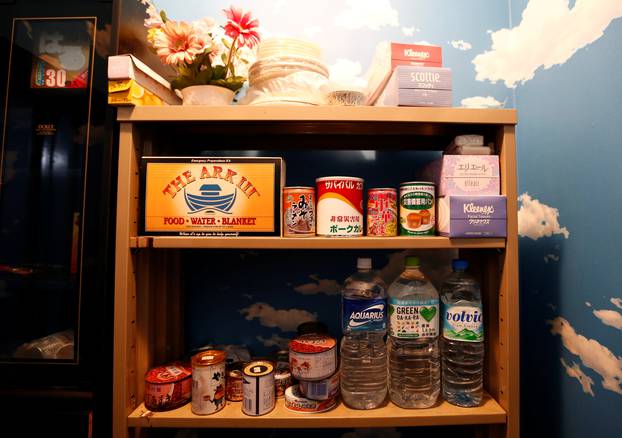 Emergency foods are seen in the model room of Shelter Co.
