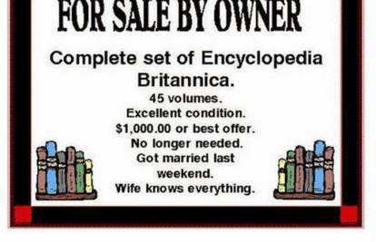 Prodajem enciklopedije, više mi ne trebaju jer supruga sve zna