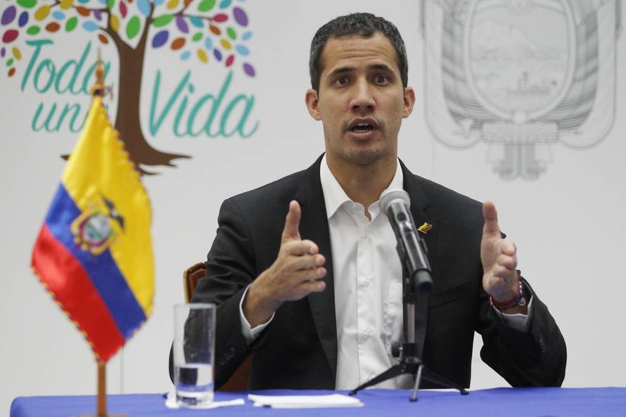 Venezuelan opposition leader Juan Guaido, who many nations have recognized as the country's rightful interim ruler, addresses the media with Ecuador's President Lenin Moreno (not pictured) in Salinas